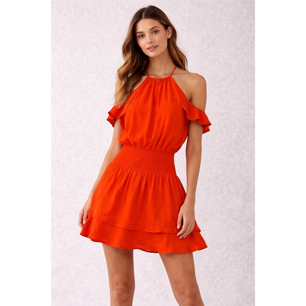 Parker 100% Silk Mini Dress Womens L Orange Halter Ruffle Cocktail Feminine Chic